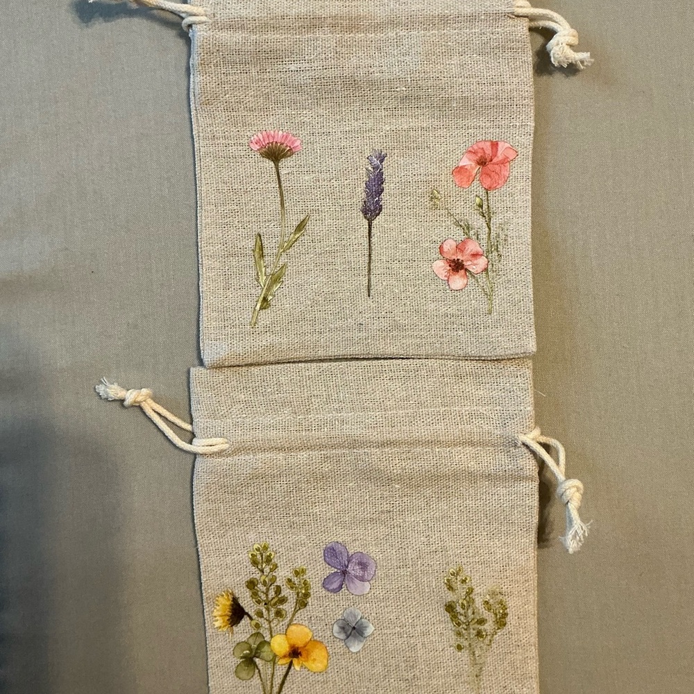 Floral Linen Drawstring Pouches - Pink, Purple & Yellow Flowers